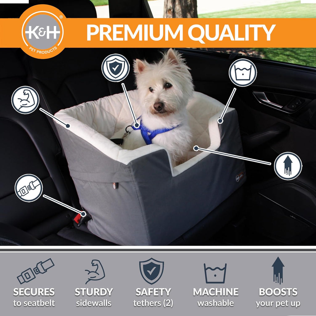 Bucket Booster Car Seat for Small and Medium Dogs - Washable, Sturdy with 2 Safety Leashes - Large, Gray/Cream
