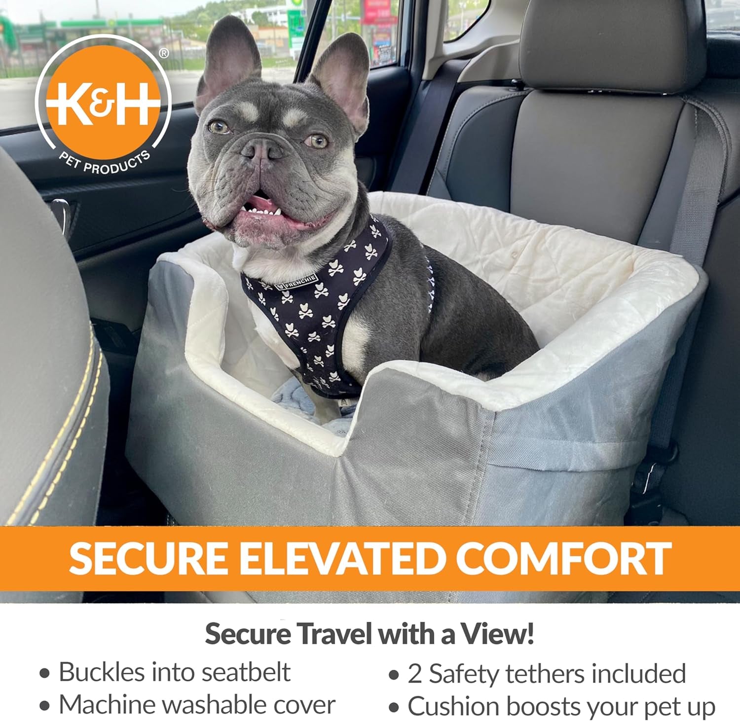 Bucket Booster Car Seat for Small and Medium Dogs - Washable, Sturdy with 2 Safety Leashes - Large, Gray/Cream