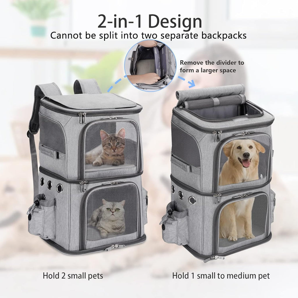 Double-Compartment Pet Carrier Backpack – Travel & Hiking Carrier for Two Small Pets or One Medium Pet (Grey)