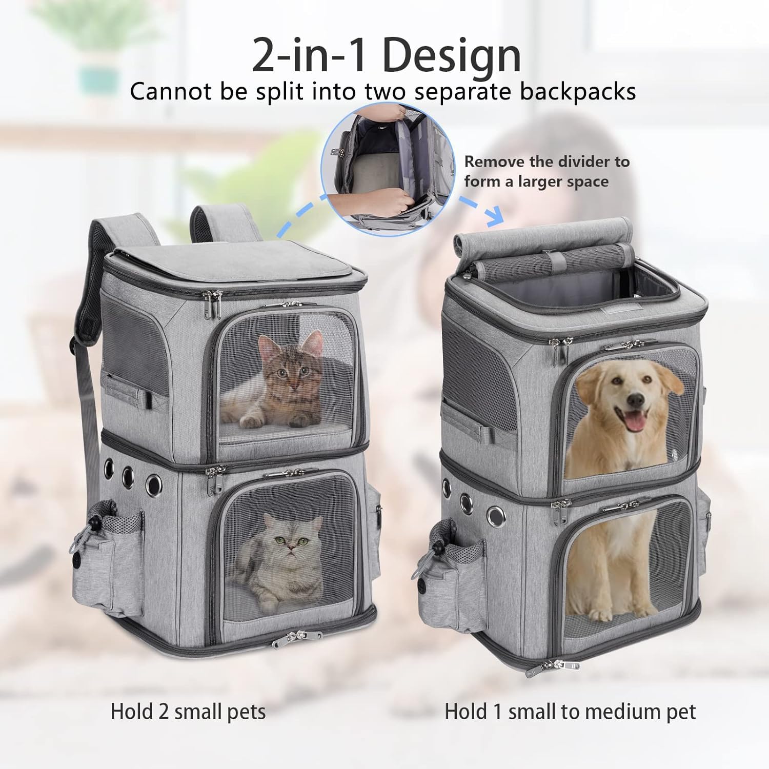 Double-Compartment Pet Carrier Backpack – Travel & Hiking Carrier for Two Small Pets or One Medium Pet (Grey)