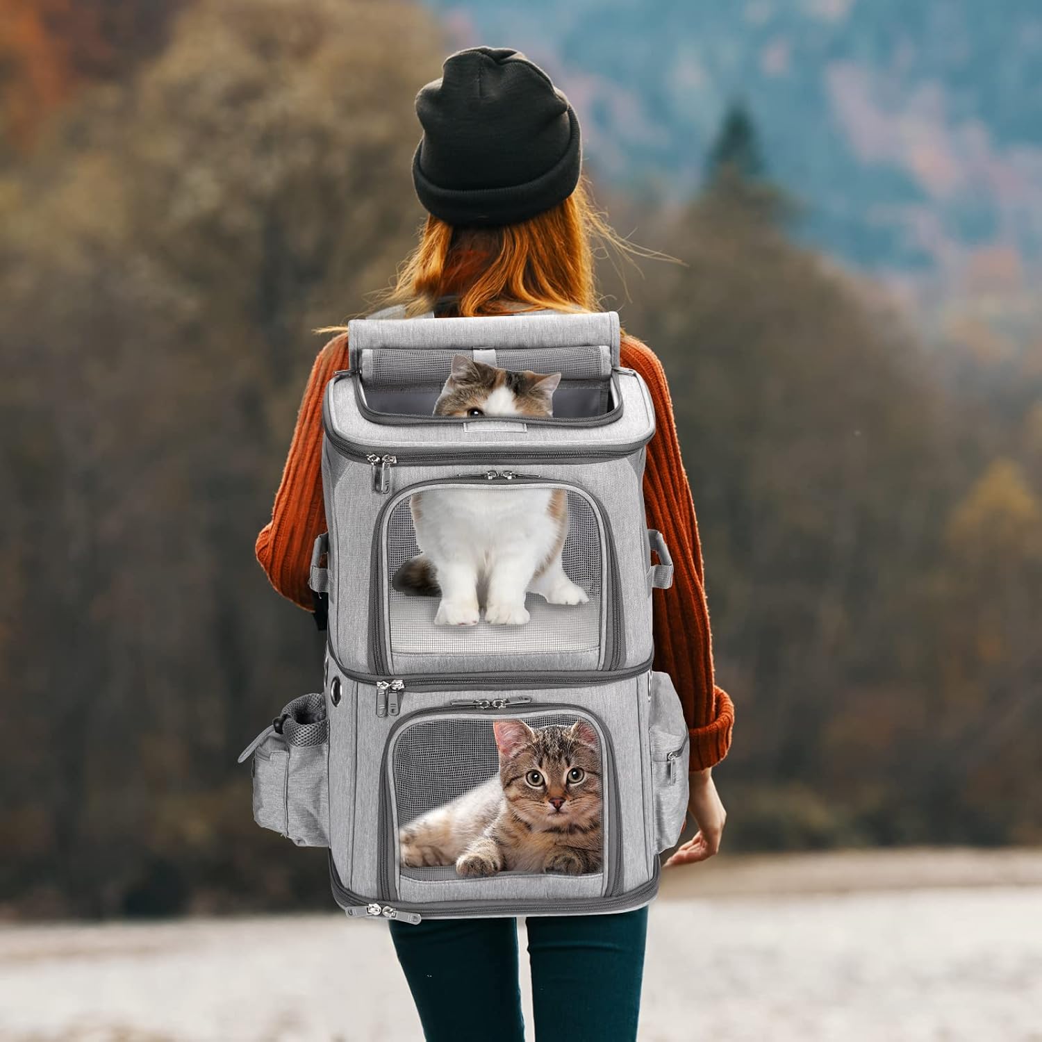 Double-Compartment Pet Carrier Backpack – Travel & Hiking Carrier for Two Small Pets or One Medium Pet (Grey)