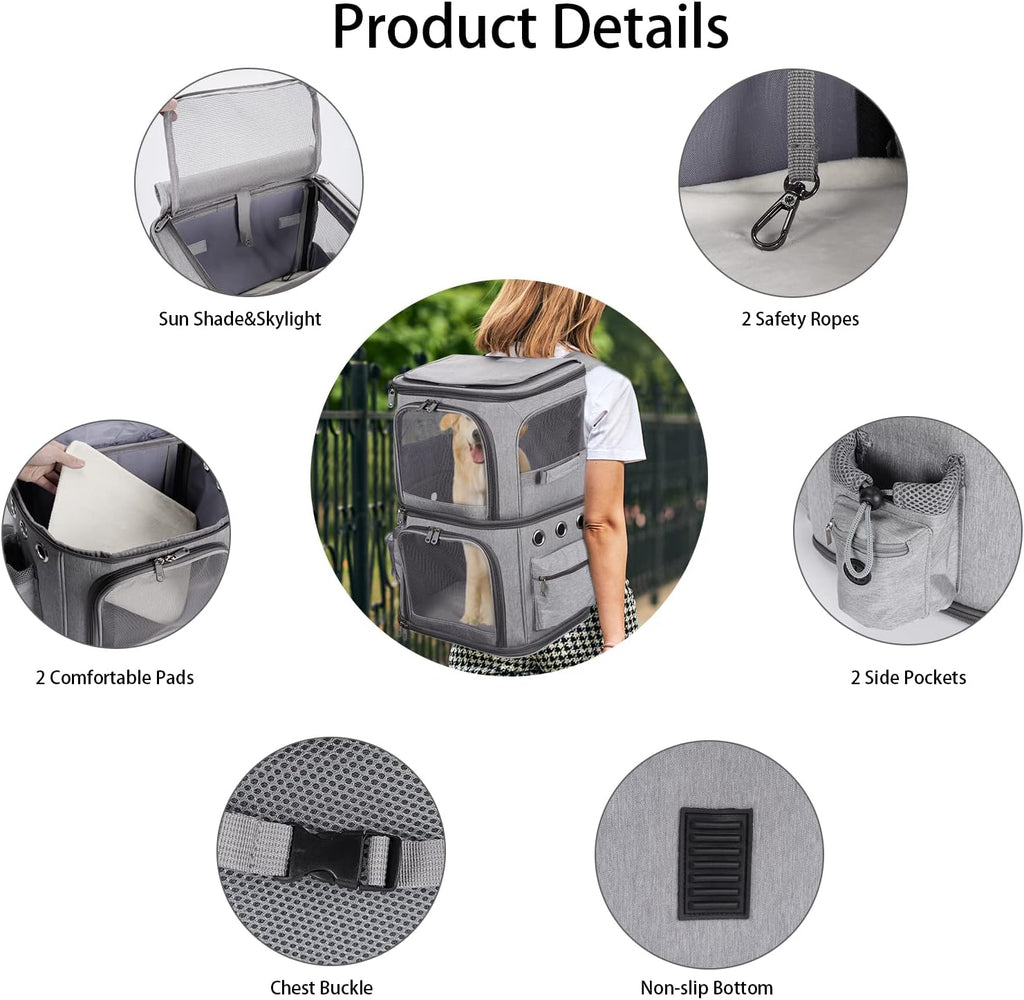 Double-Compartment Pet Carrier Backpack – Travel & Hiking Carrier for Two Small Pets or One Medium Pet (Grey)