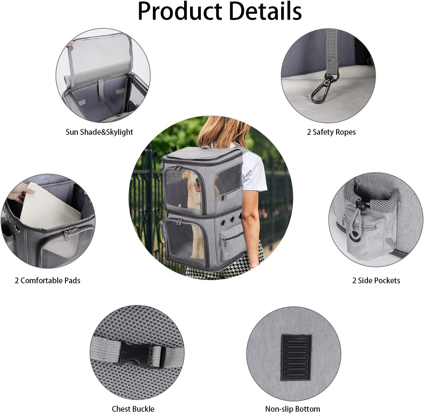 Double-Compartment Pet Carrier Backpack – Travel & Hiking Carrier for Two Small Pets or One Medium Pet (Grey)