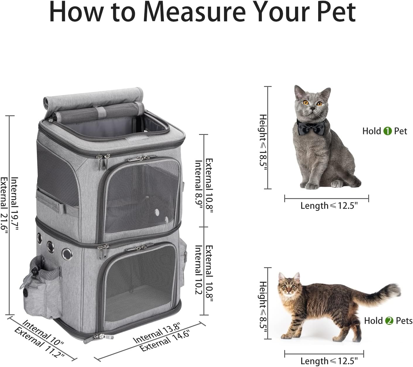 Double-Compartment Pet Carrier Backpack – Travel & Hiking Carrier for Two Small Pets or One Medium Pet (Grey)