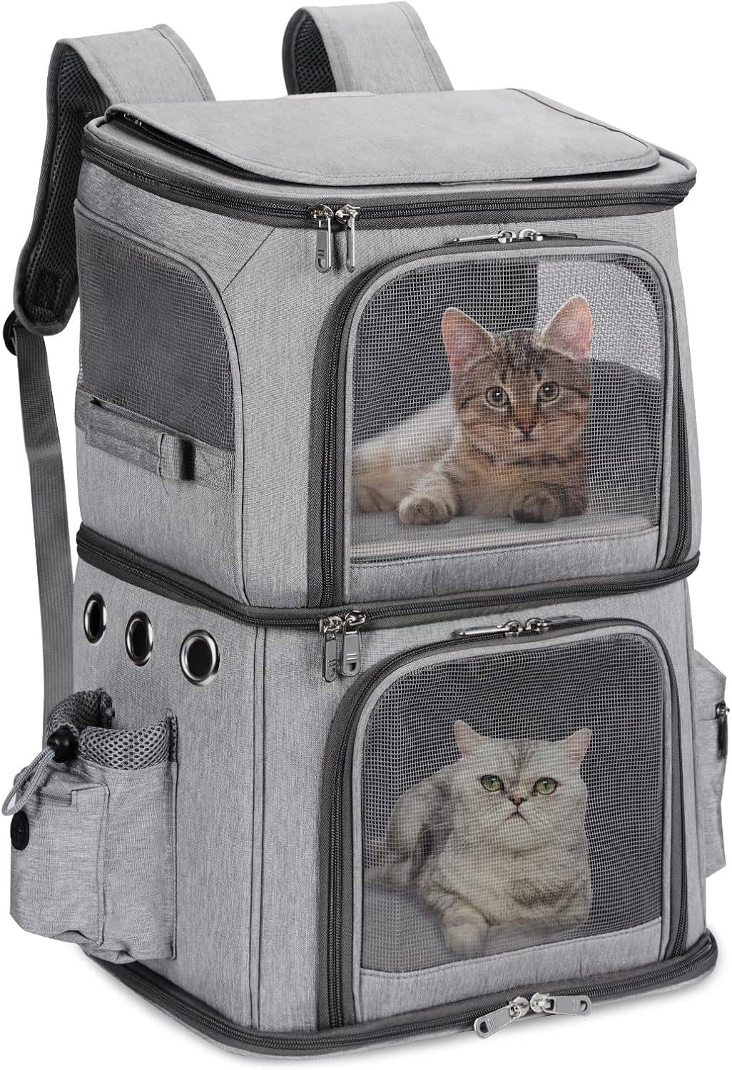 Double-Compartment Pet Carrier Backpack – Travel & Hiking Carrier for Two Small Pets or One Medium Pet (Grey)