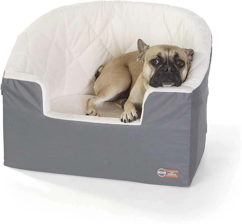 Bucket Booster Car Seat for Small and Medium Dogs - Washable, Sturdy with 2 Safety Leashes - Large, Gray/Cream