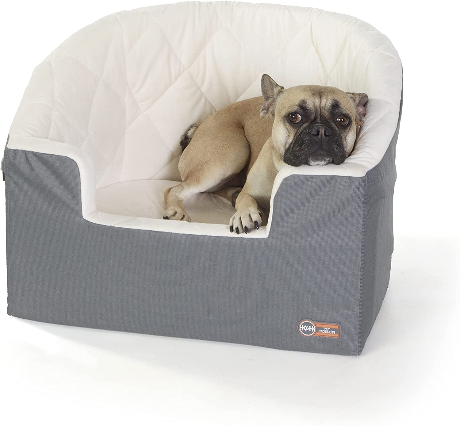 Bucket Booster Car Seat for Small and Medium Dogs - Washable, Sturdy with 2 Safety Leashes - Large, Gray/Cream