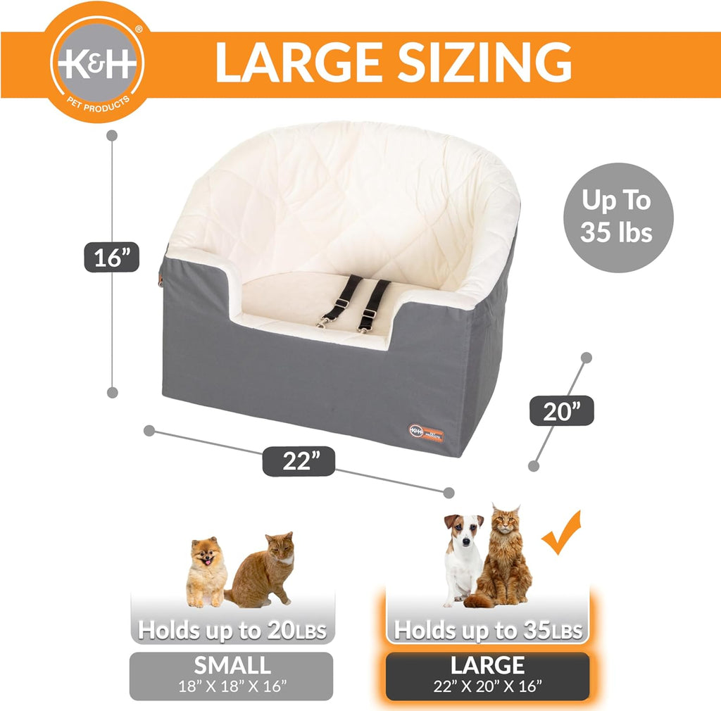 Bucket Booster Car Seat for Small and Medium Dogs - Washable, Sturdy with 2 Safety Leashes - Large, Gray/Cream